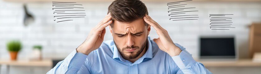 Fototapeta premium Employee Experiencing Workplace Stress with Headaches and Anxiety in a Corporate Environment