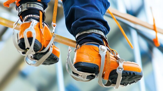 Worker in safety boots on construction scaffolding - Powered by Adobe