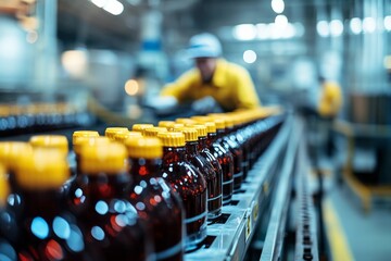 Bottles of liquid moving on a conveyor belt during production