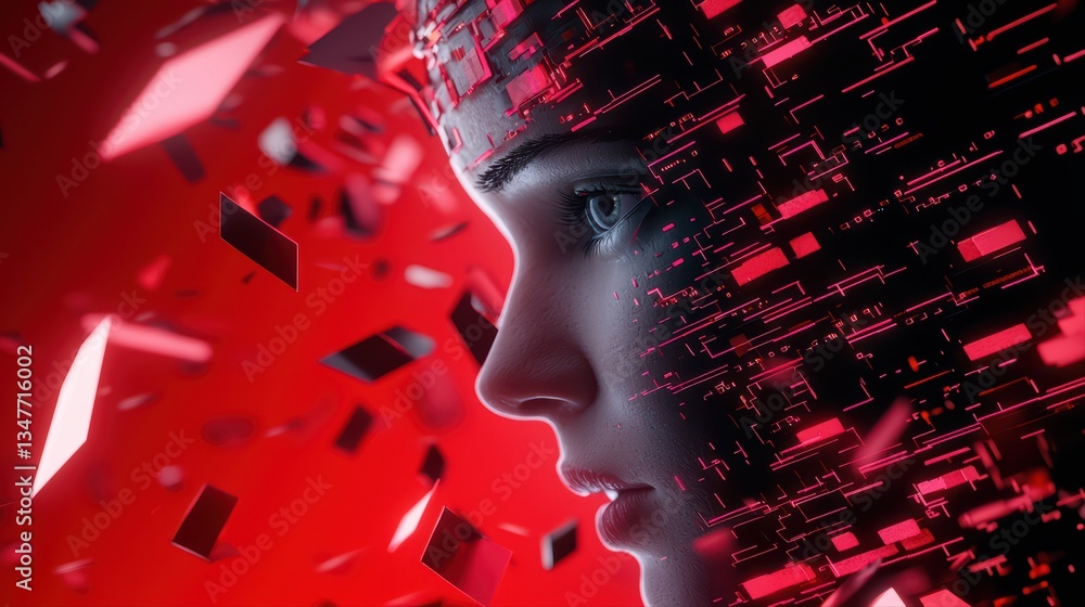 Poster ai driven concept of malware visualization with fragmented patterns and deep red background