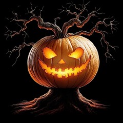 Illuminated grinning jack o lantern growing with spooky bare tree branches
