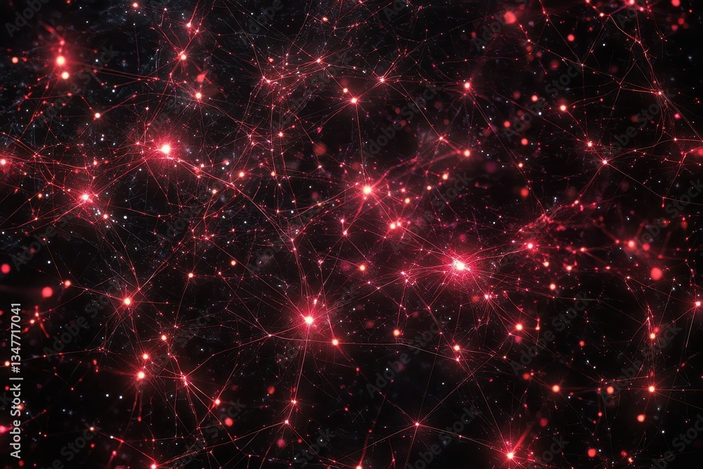 Poster red glowing network nodes connect on black, fine white dots present. use for tech, ai, neural networ