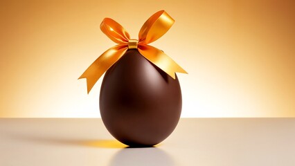 A chocolate easter egg with a gold ribbon tied around it.