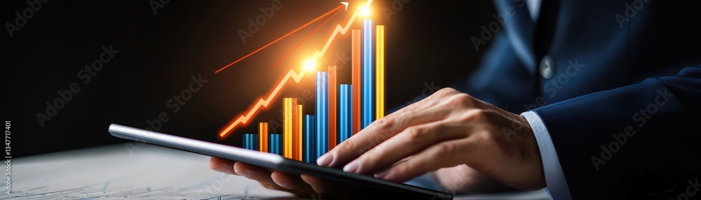 Poster person using tablet to analyze business growth with colorful charts and graphs in close-up view