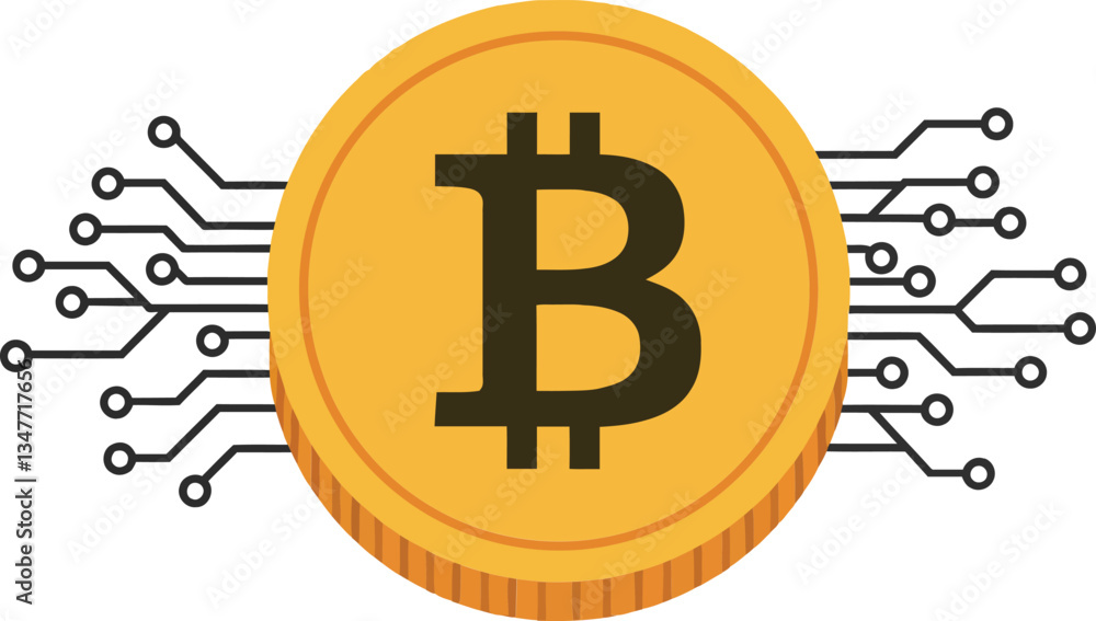 Poster bitcoin coin surrounded by digital circuit lines in a minimal and modern design style, showcasing th