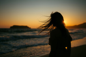 Silhouette of a woman standing on the beach at sunset with the sun reflecting on the ocean, capturing the beauty and freedom of a summer evening