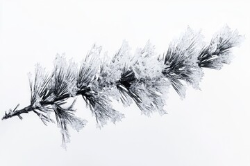 Obraz premium A snow-covered pine branch displays intricate ice crystals against a white background.