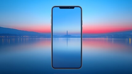 A modern smartphone displaying a beautiful waterfront landscape scene