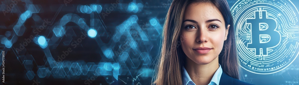 Poster conceptual visualization of cryptocurrency with glowing bitcoin symbol and professional portrait