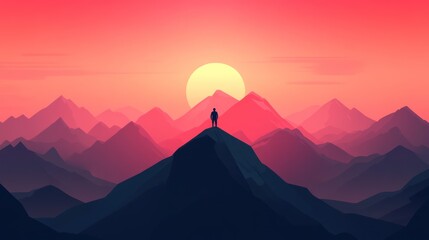 Silhouette on Mountain Peak Amidst Vivid Sunrise with Layered Mountainscape