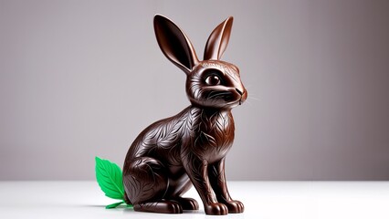 A chocolate sculpture of a rabbit with a green leaf.