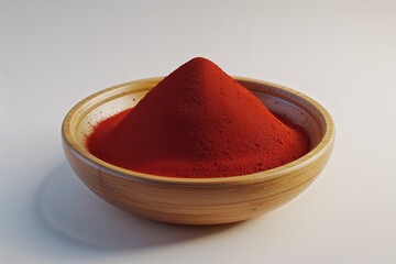 A vibrant mound of paprika powder, rich and red, sits elegantly in a warm wooden bowl, bathed in soft light.