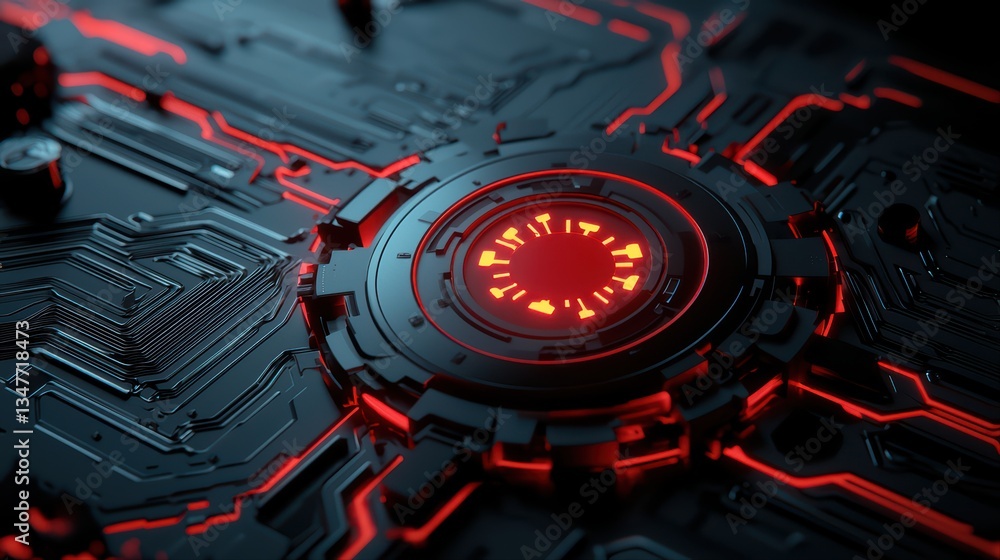 Poster close-up view of red glowing cybersecurity circuit board concept design