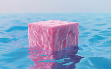 Pink cube floating on blue water. (2)
