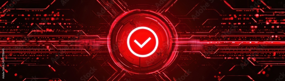 Poster close-up concept of digital infection warning on computer screen with red background and checkmark