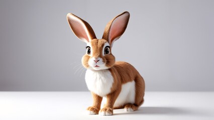 Obraz premium A brown and white rabbit sitting on a white surface.