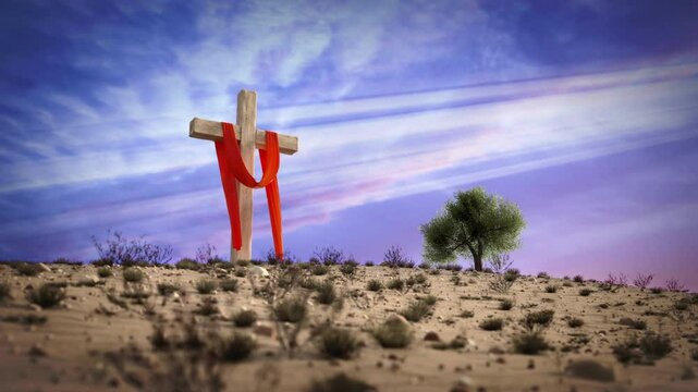 Easter. Christian holidays. A camera moves towards the cross with a long red sash overhanging it, a symbol of the Resurrection of Jesus Christ. 