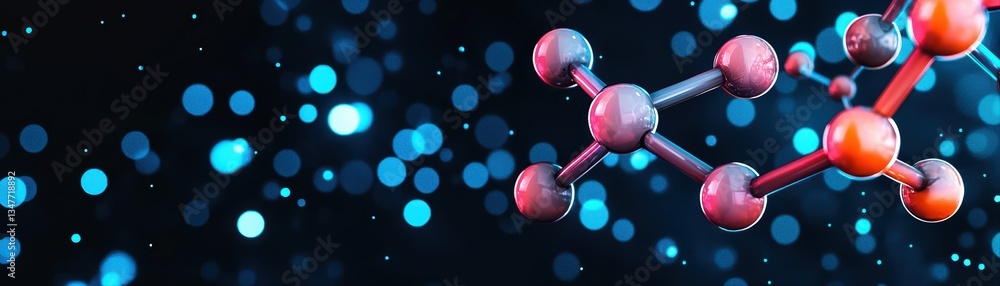Poster close-up of molecular structure with colorful atoms against a blue bokeh background