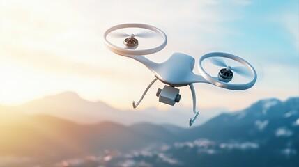 Conceptual Drone for Delivery Service in Scenic Mountain Landscape at Sunset