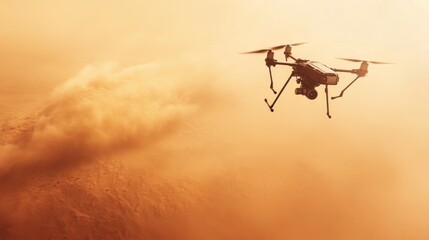 Autonomous drone soars over red planetary surface, exploring with camera and sensors