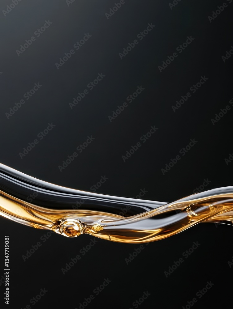 Aufkleber abstract wave of golden and clear liquid with bubble, dynamic flowing curve on dark background