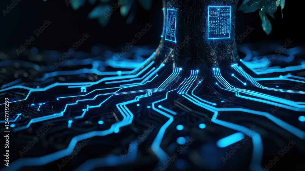 Poster close-up of intelligent tree with circuit design representing environmental consciousness