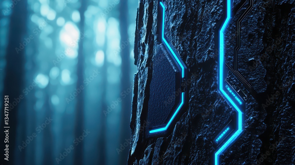 Poster close-up of an intelligent environmental concept integrating nature and technology in a forest scene
