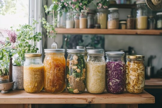 Assorted fermented vegetables in jars sit on a shelf near a window. Show fermentation, canning, food preservation, and healthy lifestyle.