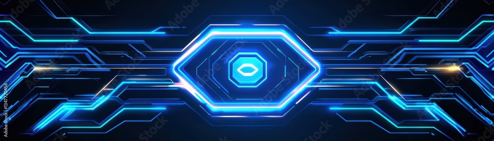 Poster futuristic tech design with cyber elements in digital blue glow for conceptual background