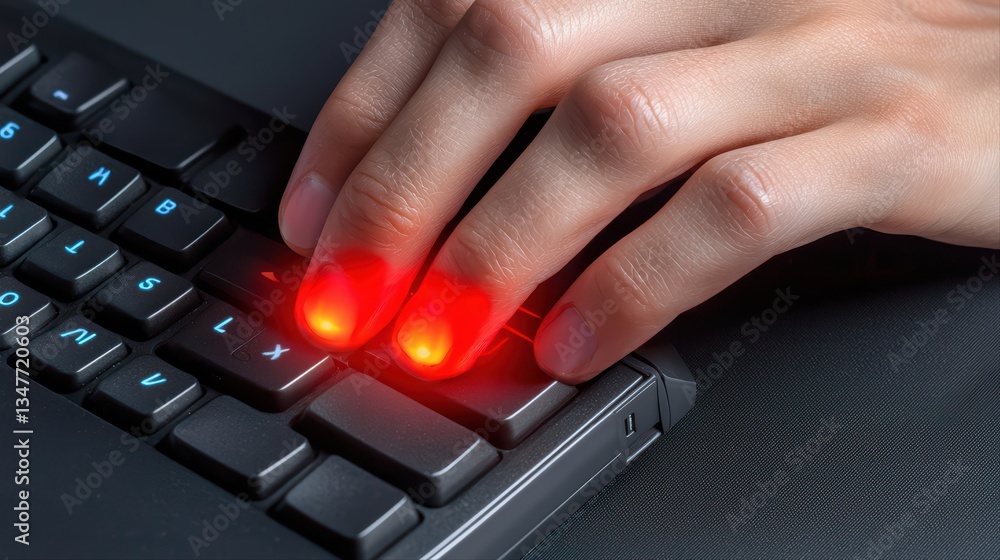 Aufkleber close-up of person's thumb pressing keys on a backlit keyboard in a dark environment