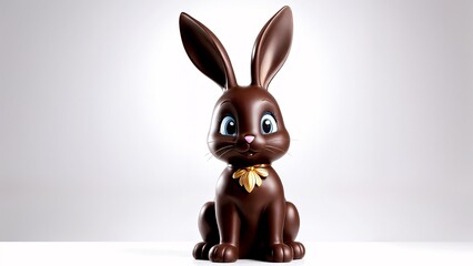 A chocolate bunny sitting on a white surface.