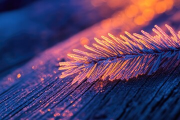 Frost-covered pine needles glisten in the warm sunset light, creating a magical winter scene.