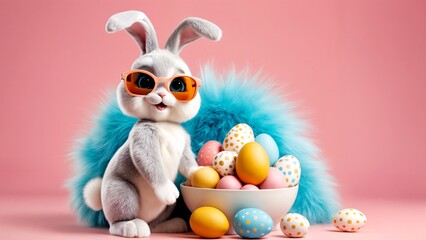 A white rabbit wearing orange sunglasses sitting next to a bowl of colorful eggs.