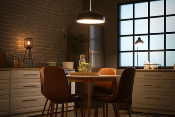 Interior of kitchen with glowing lamps, white counters, dining table and chairs at evening