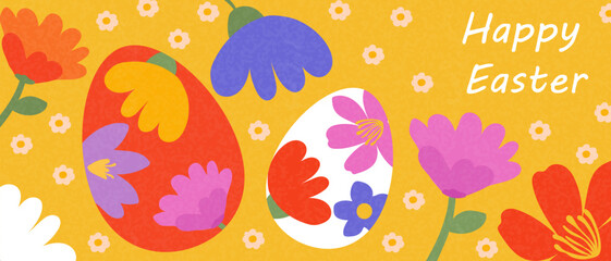 Happy Easter. Modern minimalist banner with flowers and Easter eggs