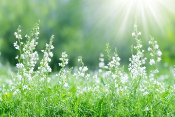 Obraz premium Delicate white flowers in a grassy meadow bathed in sunlight