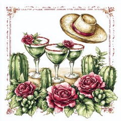 A Mexican Independence Day cocktail party card design. Three tequila glasses, sombrero and cactus 