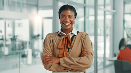 Happy, crossed arms and portrait of black woman in office with journalism career with growth....