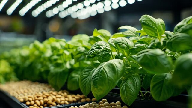 Indoor basil cultivation under led lights showcasing sustainable agriculture and urban farming techniques with controlled environment conditions