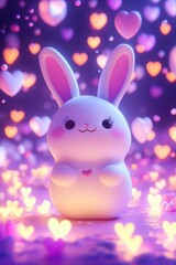 Obraz premium Cute bunny, standing, surrounded by hearts, soft light, love; background, Valentine's Day, adorable