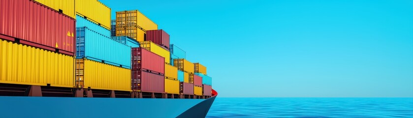Close-Up of Colorful Shipping Containers on a Large Maritime Vessel Against a Blue Ocean