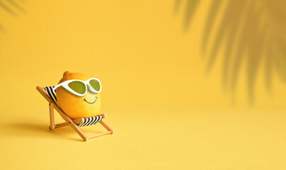 Lemon in sunglasses relaxes on lounge chair on beach. Summer concept.