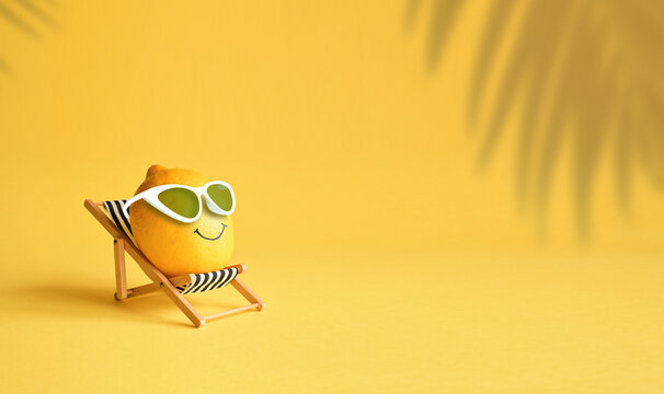Lemon in sunglasses relaxes on lounge chair on beach. Summer concept.