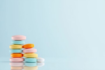 Colorful Close-Up of Various Pills and Tablets on a Soft Blue Background
