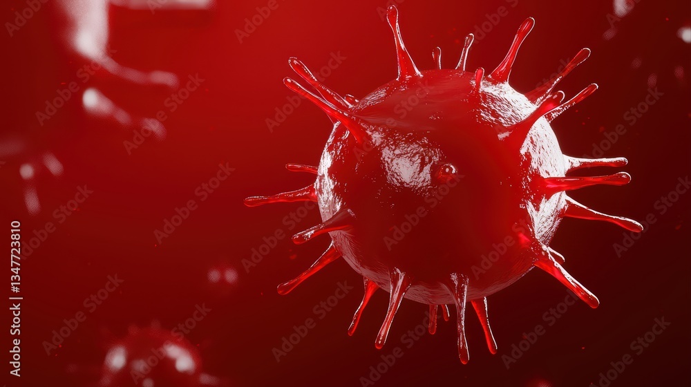 Poster close-up view of microbial structure with detailed features against red background