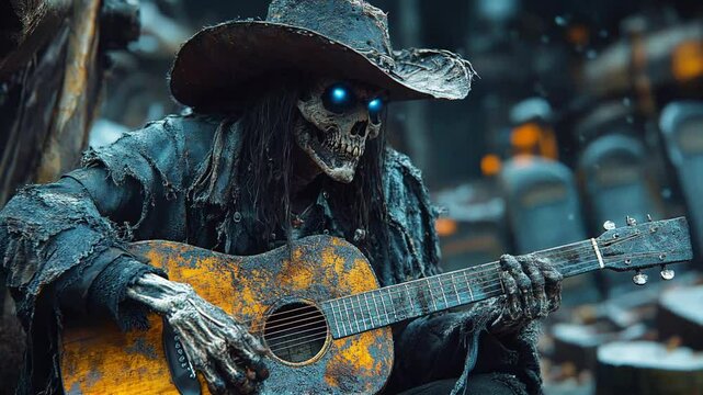 A ghostly Appalachian demon, wearing an old preacher&rsquo;s coat and a wide-brimmed hat, playing a rusty dobro guitar under a dying tree