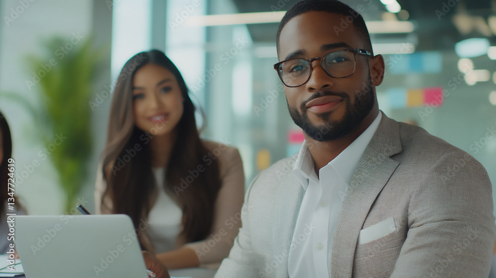 Poster multiracial team collaborating in a brainstorming session on product desi