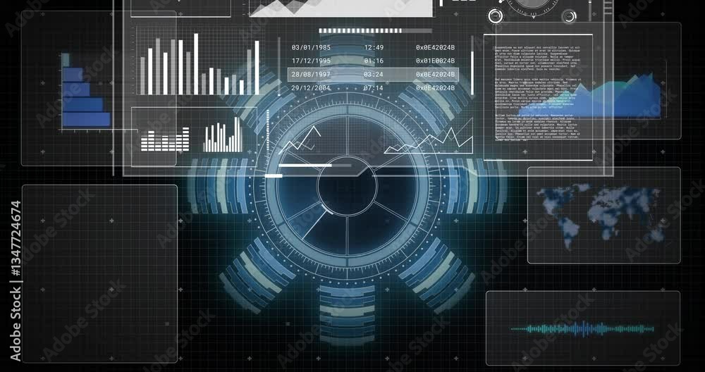 Poster displaying animation, futuristic digital interface with global data in school setting
