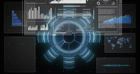 Displaying animation, futuristic digital interface with global data in school setting - Powered by Adobe