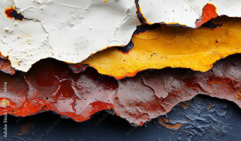Poster gray metal plate with a rusty and weathered appearance, adorned with worn white paint splatters and 